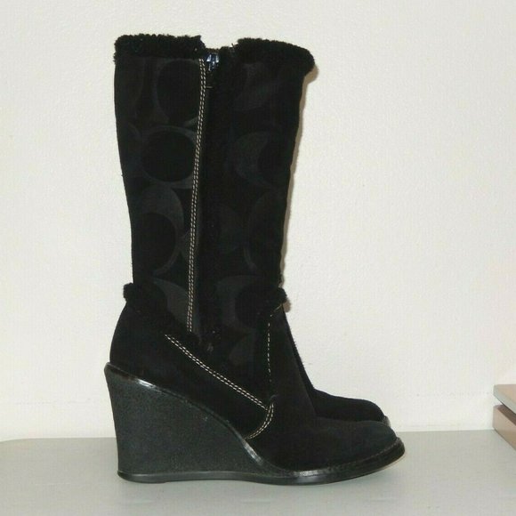 Coach Boots 6 Jordana Black Suede Signature Logo Shearling Trim Wedge Side Zip - Picture 7 of 11